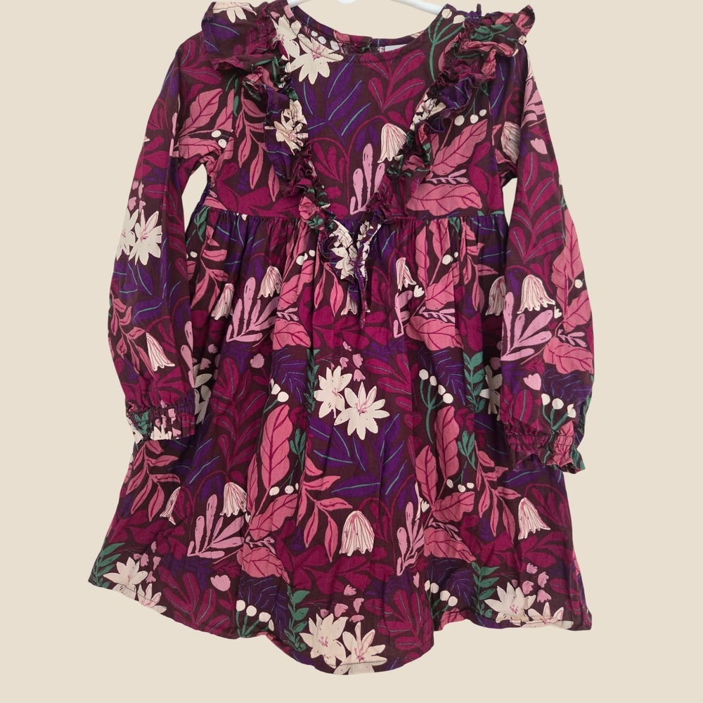 Tu Kids Purple Floral Ruffle Long Sleeve Cotton Dress Size 3-4 Years
